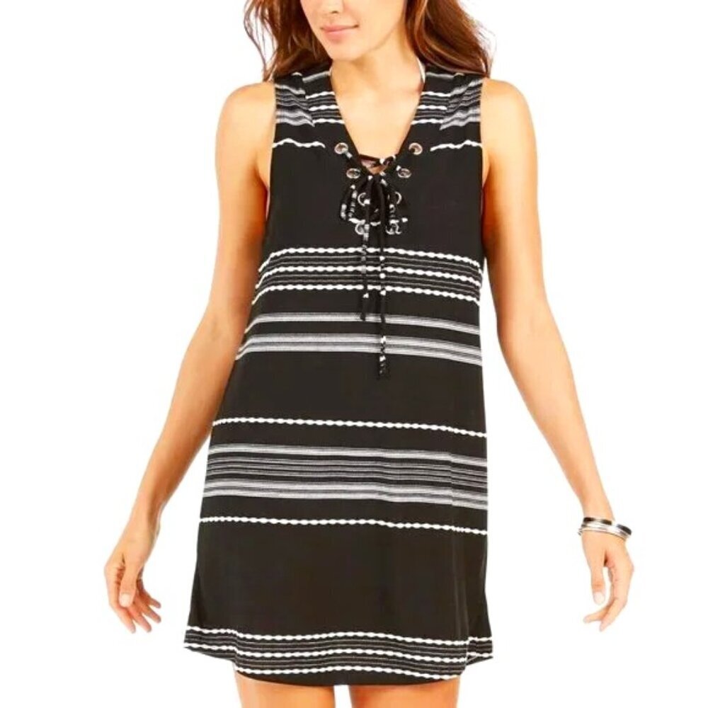 DOTTI BLACK & WHITE SLEEVELESS SWIM DRESS V-NECK SWIMSUIT COVER UP SIZE MED NWT